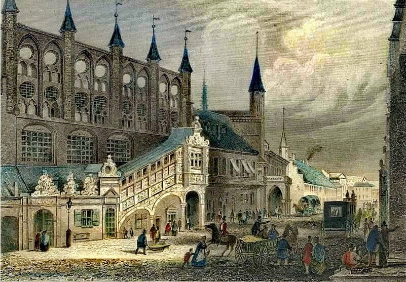 Historic image of the Rathaus square in Lübeck, Germany