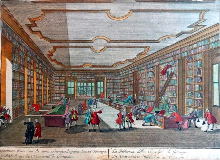 Historic print of the interior of the library at the University of Goettingen in Germany