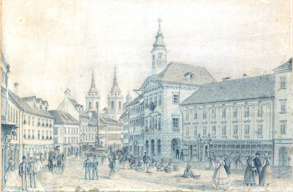 Historic image of central Ljubljana (Slovenia) in the nineteenth century