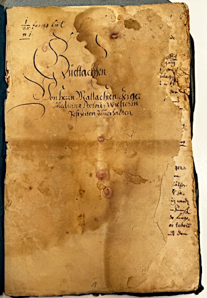 Cover page of a manuscript report by Malachias Geiger