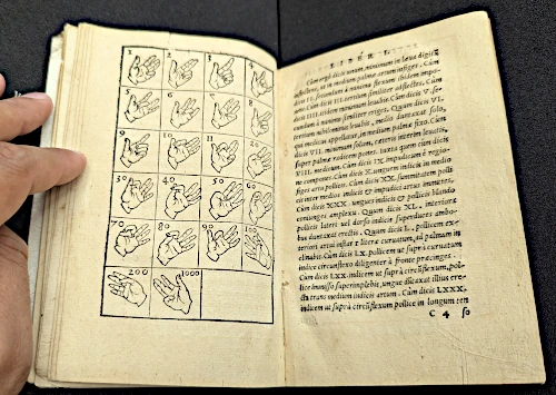 Image of an old Latin text showing how to count on one's hands