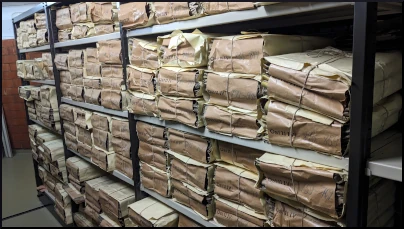 Image of the file storage area (Magazin) in the Prussian Historical Archives in Berlin, Germany.