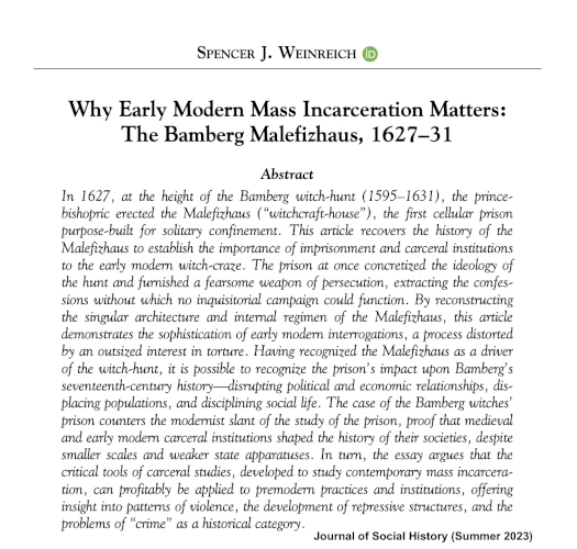Image of the abstract for Spencer Weinreich's article on early modern incarceration.
